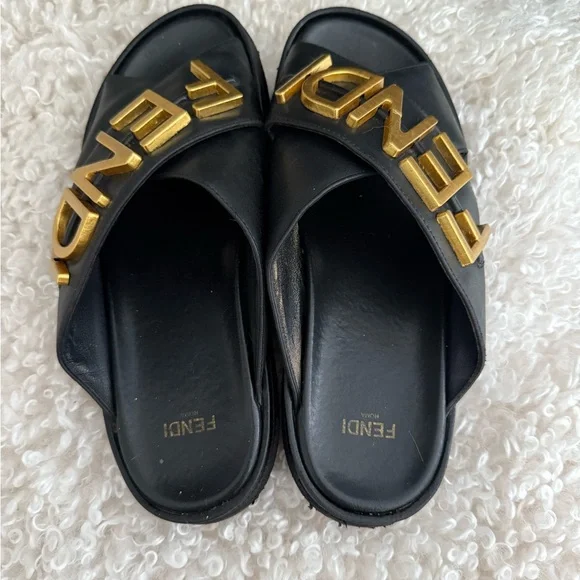 Fendi Black Leather Slides with Gold Logo Hardware - Picture 3 of 7